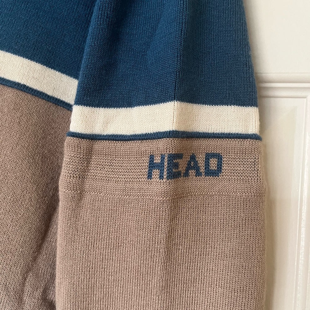 VTG 70'S  Head Men's L Teal Blue and Beige Wool Crewneck Ski Sweater